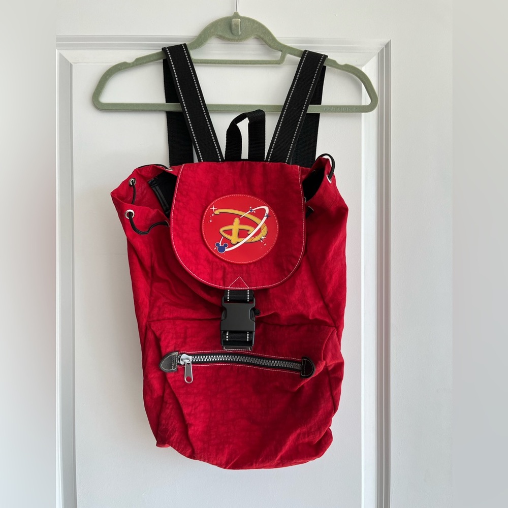 Disney Backpack Space Logo Mickey Red Nylon Drawstring Weekender Bring To Parks!
